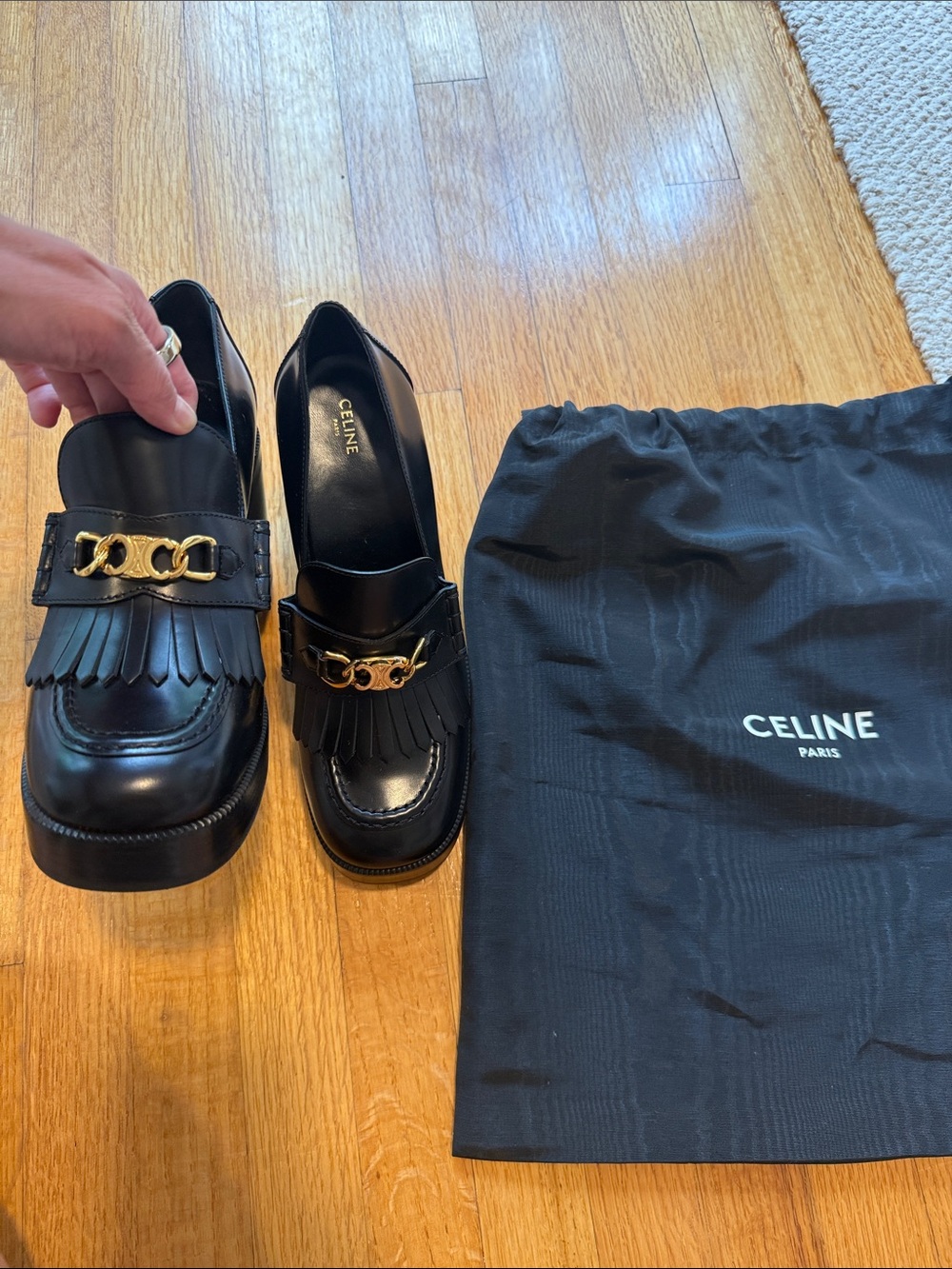 Authentic Celine Black Leather Kiltie Loafers with Gold Chain Accent